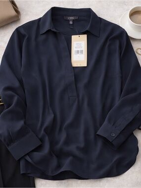 NYDJ Becky Blouse Navy Silk-Look Top Size L NWT Work Office Business Casual